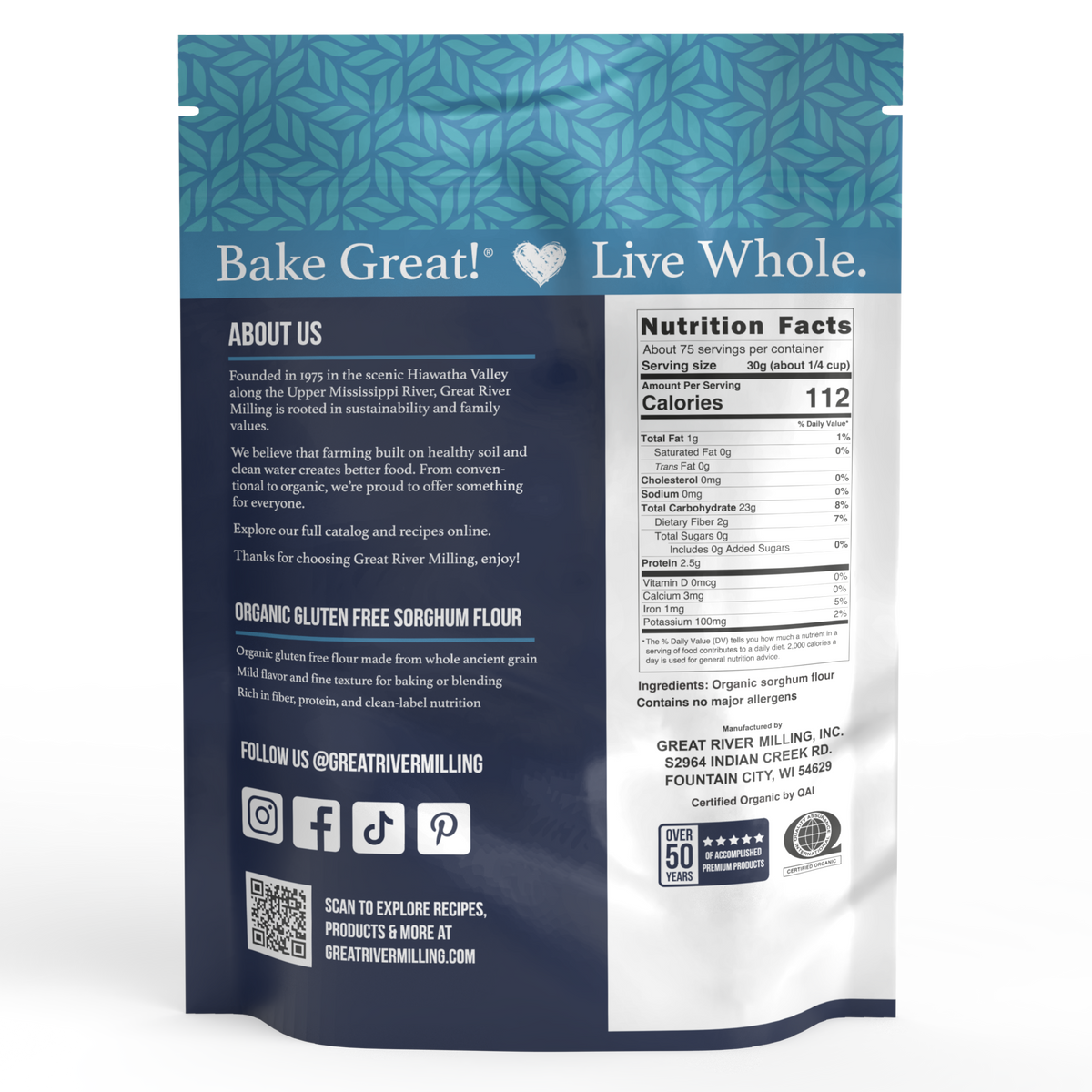 Nutrition Facts and ingredients for Organic Sorghum Flour, 5 lb — Great River Milling.