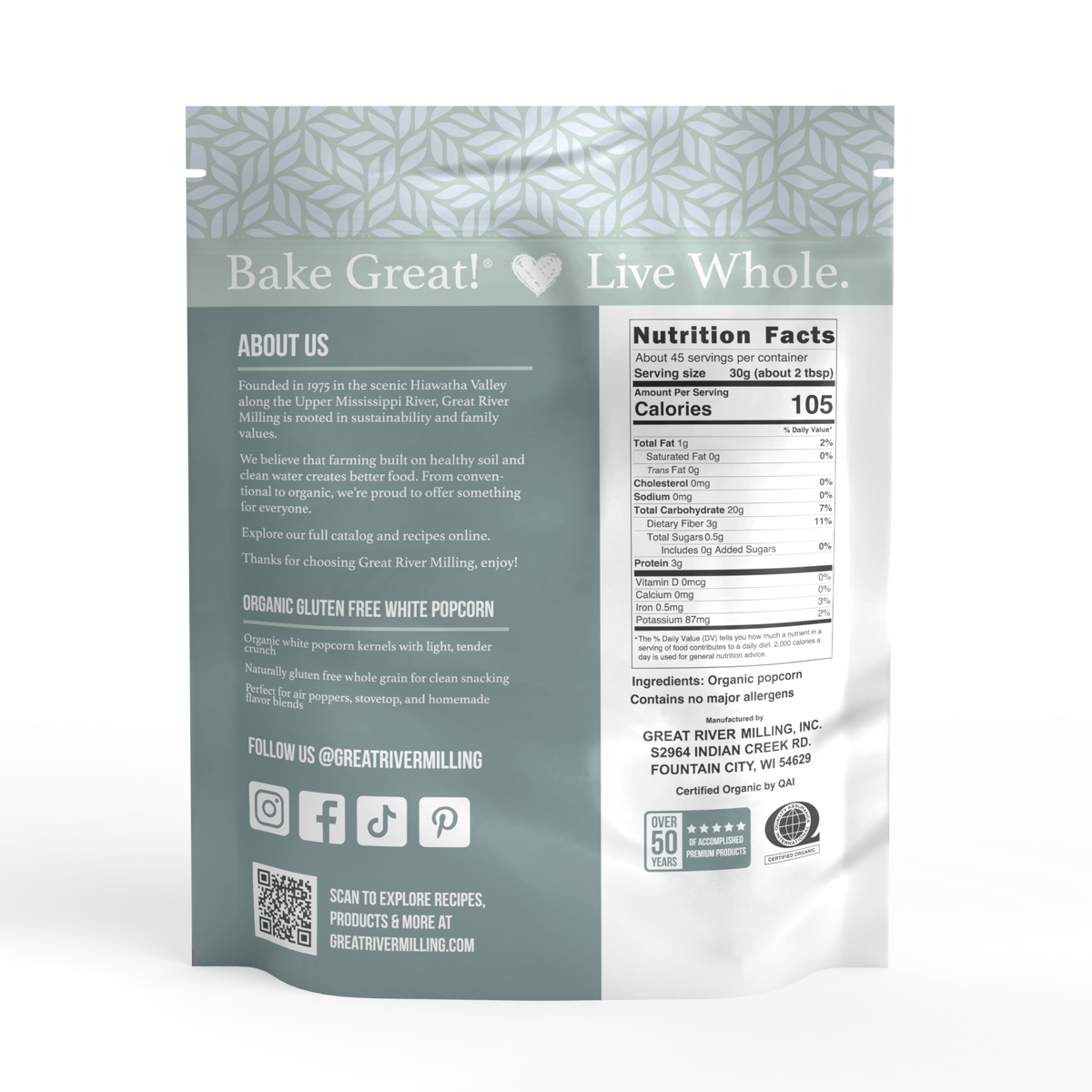 Nutrition Facts and ingredients for Organic White Popcorn Kernels, 3 lb — Great River Milling.