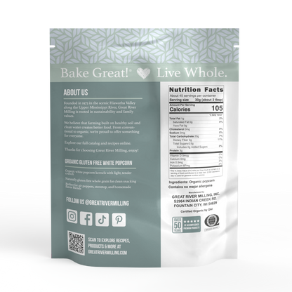 Nutrition Facts and ingredients for Organic White Popcorn Kernels, 3 lb — Great River Milling.