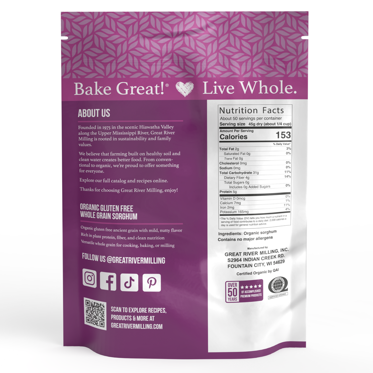 Nutrition Facts and ingredients for Organic Whole Grain Sorghum, 5 lb — Great River Milling.