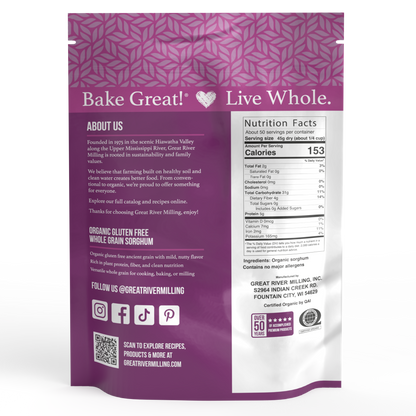 Nutrition Facts and ingredients for Organic Whole Grain Sorghum, 5 lb — Great River Milling.