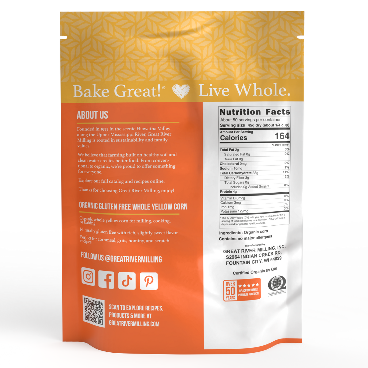 Nutrition Facts and ingredients for Organic Whole Corn, 5 lb — Great River Milling.