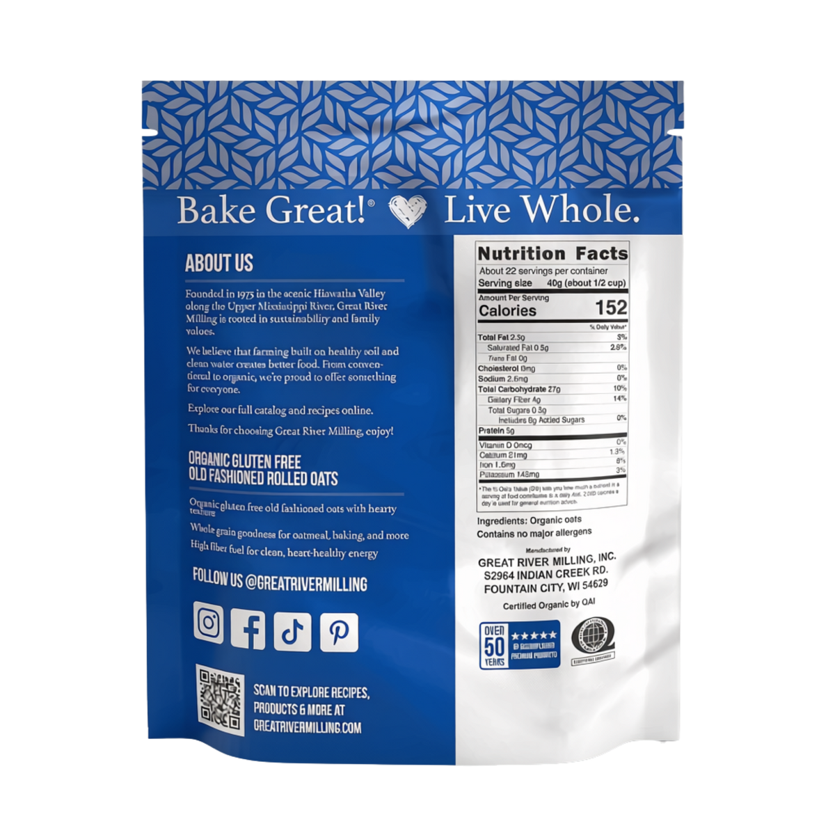 Nutrition Facts and ingredients for Organic Old-Fashioned Rolled Oats, 2 lb — Great River Milling.