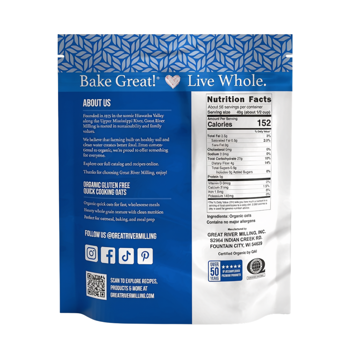 Nutrition Facts and ingredients for Organic Quick Cooking Rolled Oats, 5 lb — Great River Milling.