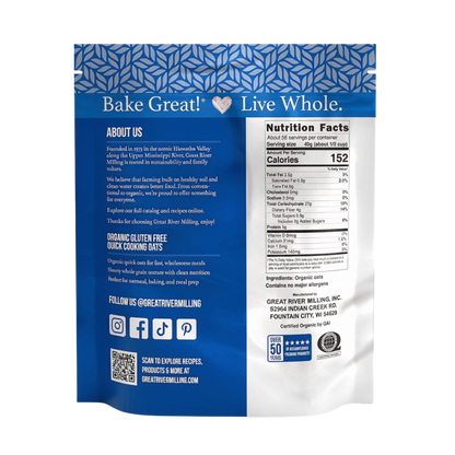 Nutrition Facts and ingredients for Organic Quick Cooking Rolled Oats, 5 lb — Great River Milling.