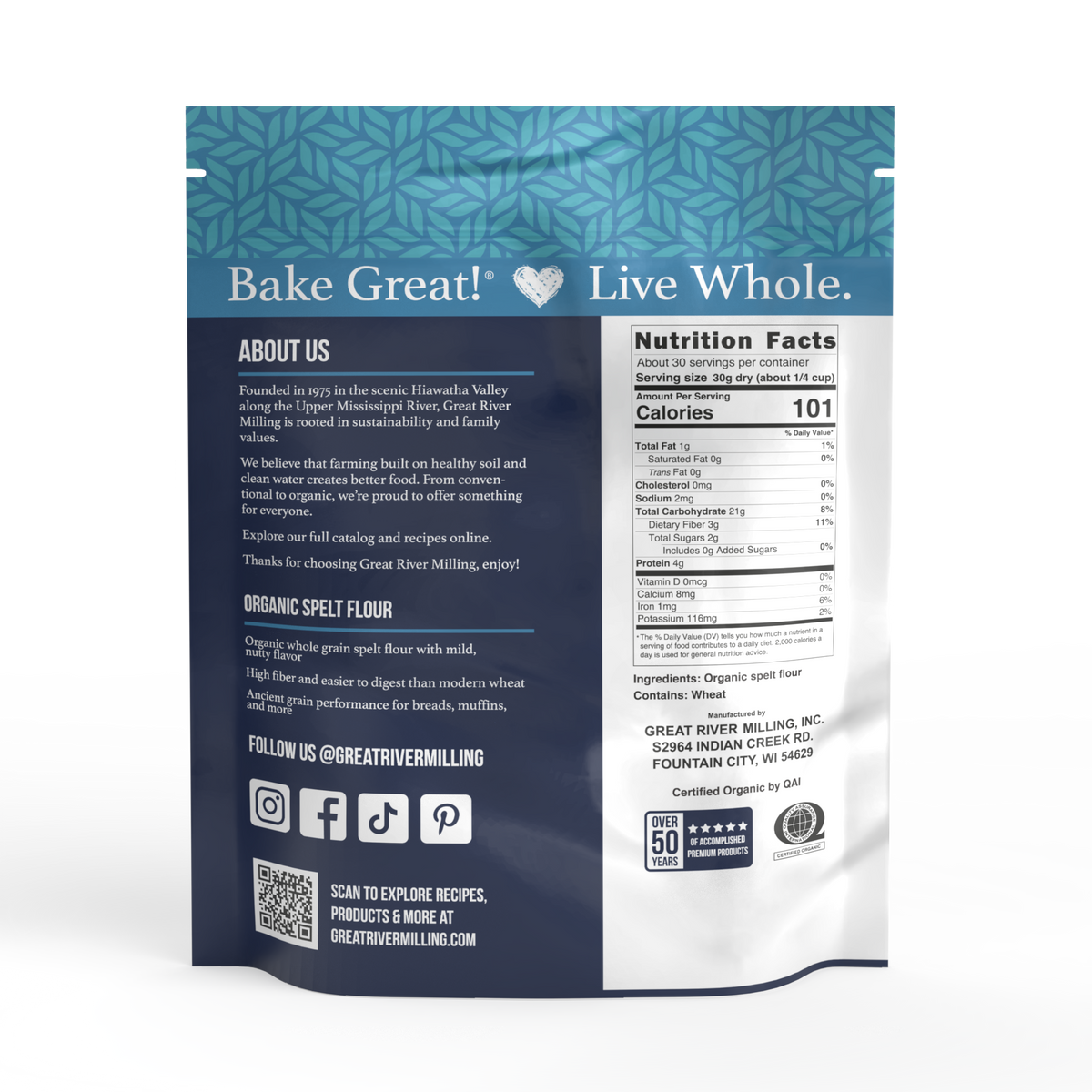 Nutrition Facts and ingredients for Organic Spelt Flour, 2 lb — Great River Milling.