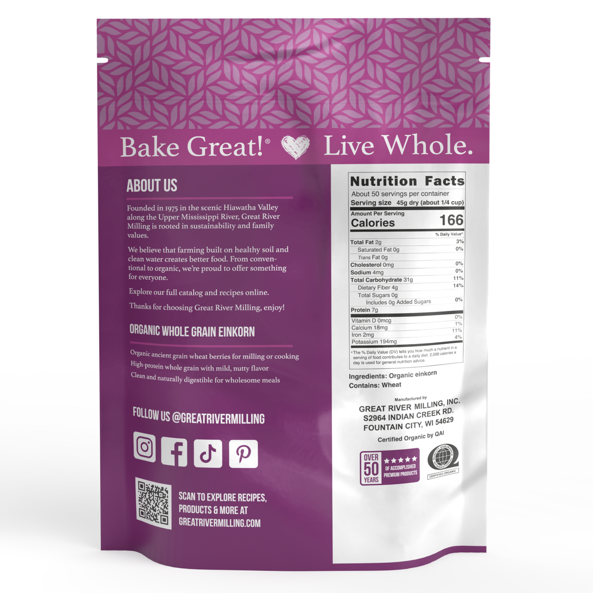Nutrition Facts and ingredients for Organic Einkorn Wheat Berries, 5 lb — Great River Milling.