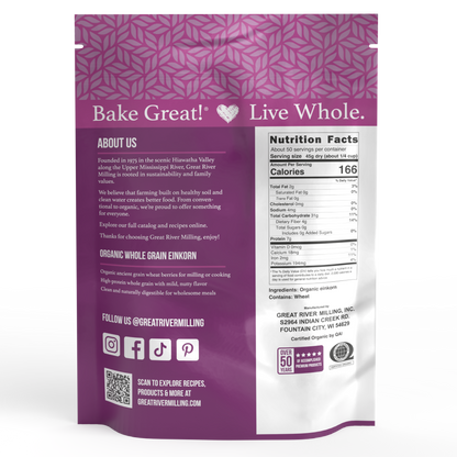 Nutrition Facts and ingredients for Organic Einkorn Wheat Berries, 5 lb — Great River Milling.