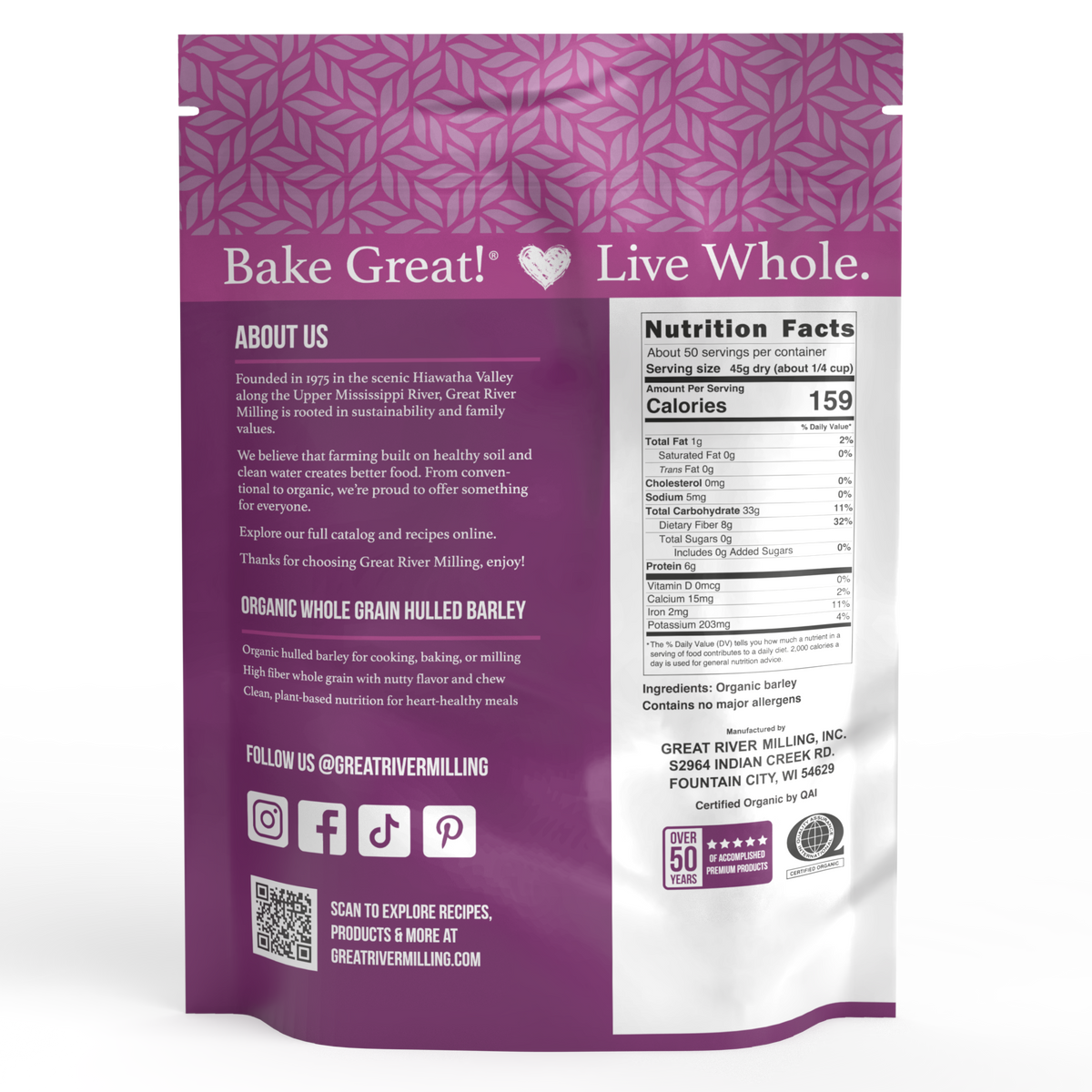Nutrition Facts and ingredients for Organic Hulled Barley, 5 lb — Great River Milling.