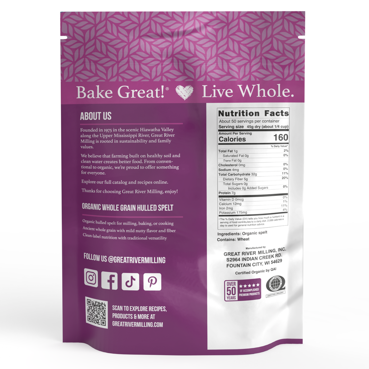 Nutrition Facts and ingredients for Organic Hulled Spelt Berries, 5 lb — Great River Milling.
