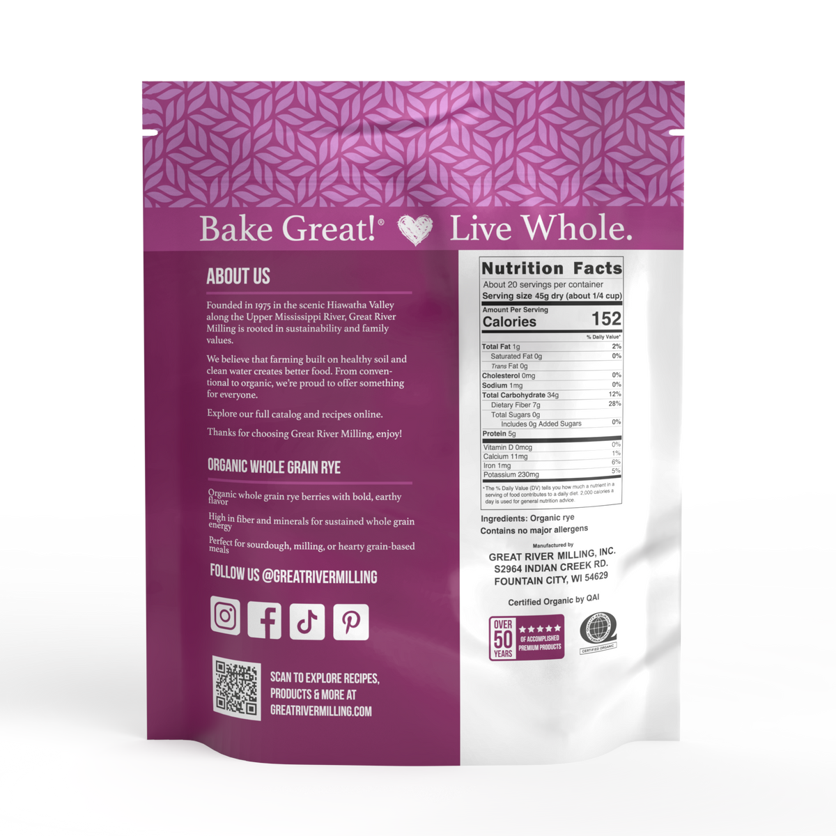 Nutrition Facts and ingredients for Organic Rye Berries, 2 lb — Great River Milling.