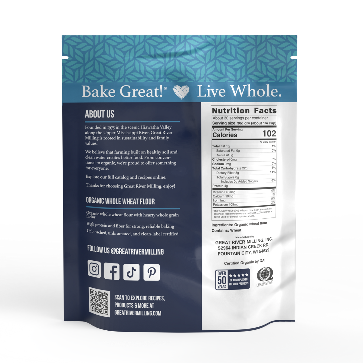 Nutrition Facts and ingredients for Organic Whole Wheat Flour, 2 lb — Great River Milling.