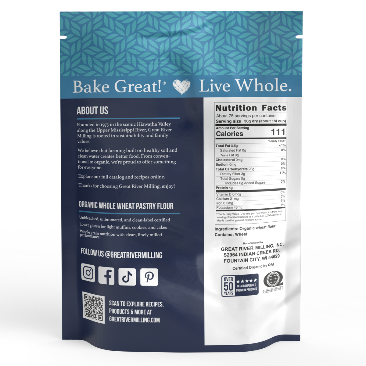 Nutrition Facts and ingredients for Organic Whole Wheat Pastry Flour, 5 lb — Great River Milling.