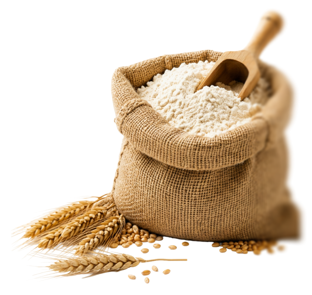 A burlap sack filled with flour sits on a white background, featuring a wooden scoop resting inside. Beside the sack, there are stalks of wheat and scattered grains, creating a rustic and natural scene.