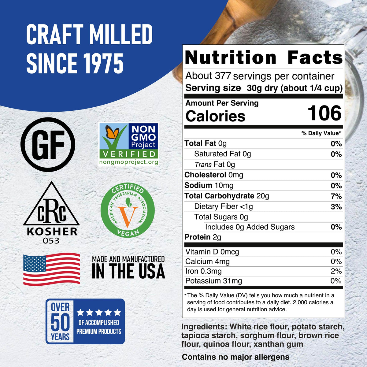 Nutrition Facts and ingredients for All-Purpose Baking Blend, 25 lb (Bulk) — Great River Milling.