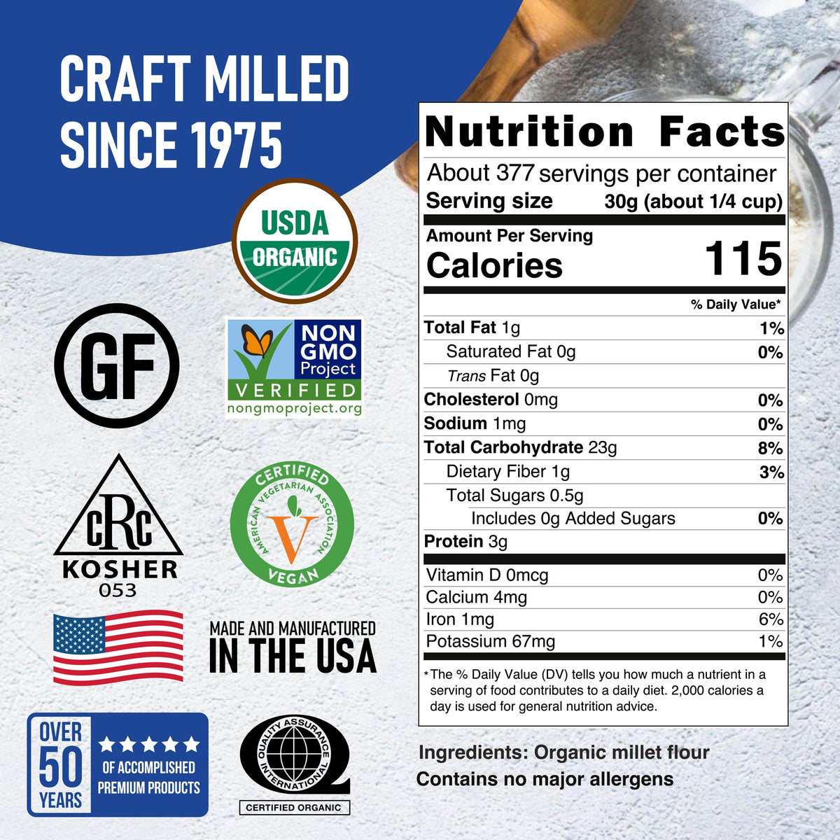 Nutrition Facts and ingredients for Organic Millet Flour, 25 lb (Bulk) — Great River Milling.