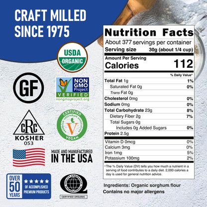Nutrition Facts and ingredients for Organic Sorghum Flour, 25 lb (Bulk) — Great River Milling.