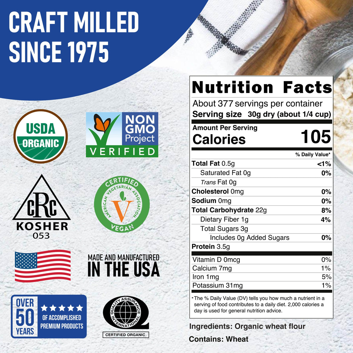 Nutrition Facts and ingredients for Organic Bread Flour, 25 lb (Bulk) — Great River Milling.
