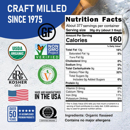 Nutrition Facts and ingredients for Organic Brown Flaxseed, 25 lb — Great River Milling.