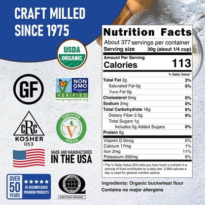 Nutrition Facts and ingredients for Organic Buckwheat Flour, 25 lb (Bulk) — Great River Milling.