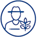 A blue outline illustration of a person wearing a hat, depicted in a circular frame. The individual appears to be holding a leaf, symbolizing a connection to nature or agriculture.