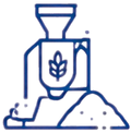 A blue, stylized illustration of a grain mill with a hopper, featuring a leaf symbol. The mill is depicted next to a mound of grain, showcasing the milling process.