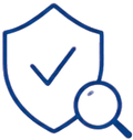 A blue outline of a shield with a checkmark inside, accompanied by a magnifying glass. The design conveys themes of security and verification, emphasizing protection and attention to detail.
