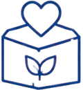 A blue outline illustration of a box with a heart shape on top and a leaf symbol on the front. The design conveys a sense of care and eco-friendliness, suggesting a focus on sustainability and love.