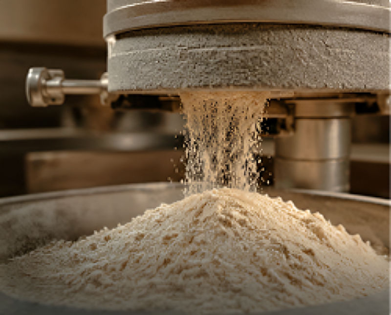 Stone mill grinding grain into flour falling into a metal bowl