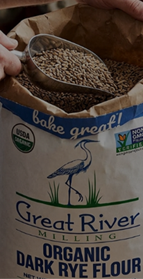 Metal scoop lifting organic dark rye flour from a paper bag