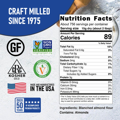 Nutrition Facts and ingredients for Blanched Almond Flour, 25 lb — about 756 servings per container at 15 g per serving. Great River Milling.