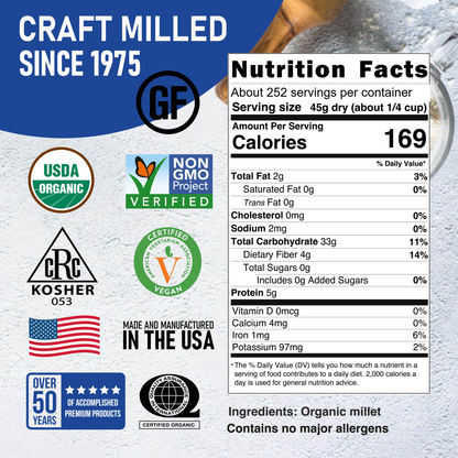 Nutrition Facts and ingredients for Organic Hulled Millet, 25 lb — about 252 servings per container at 45 g per serving. Great River Milling.