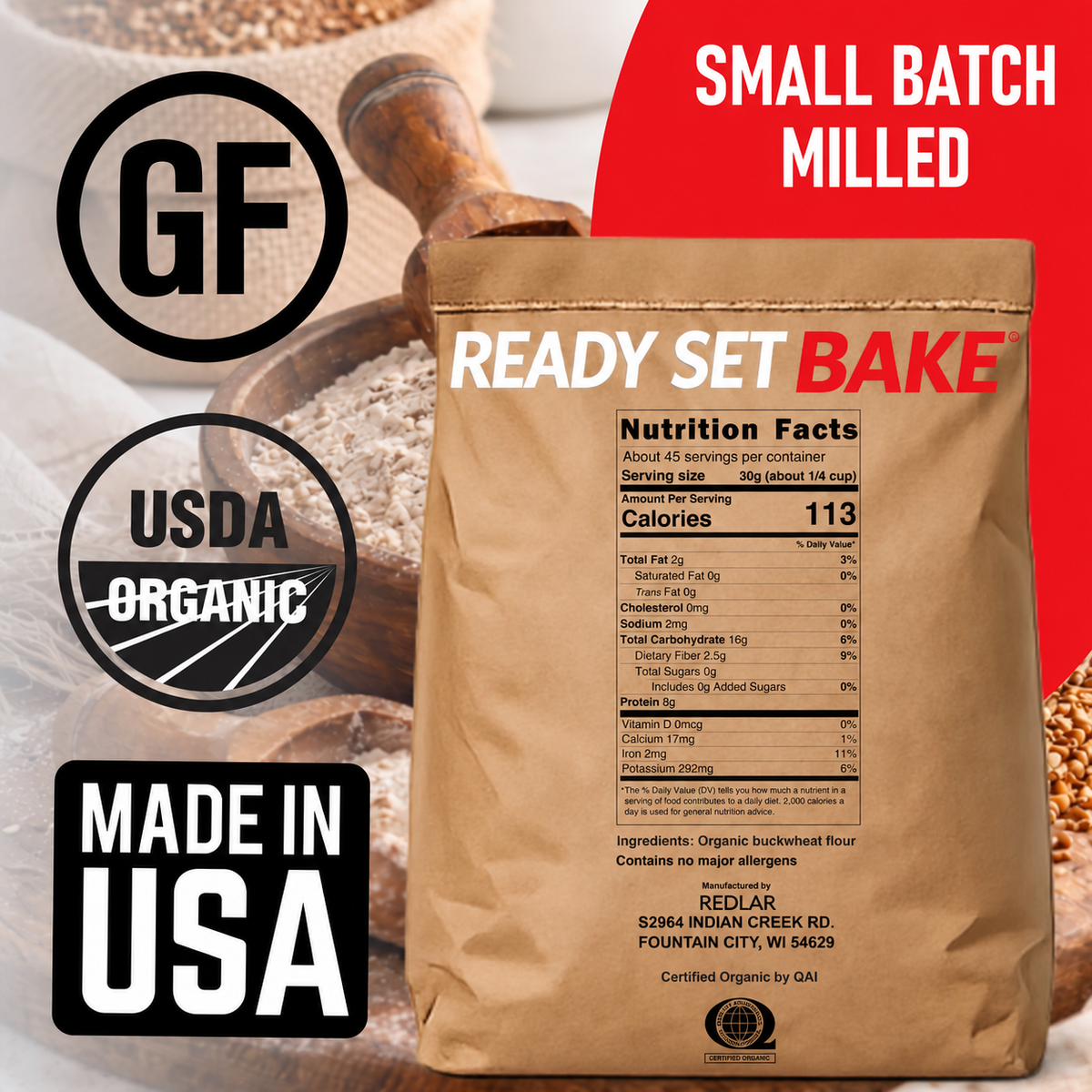 Nutrition Facts and ingredients for Redlar Fine Organic Buckwheat Flour, 3 lb — about 45 servings per container at 30 g per serving; total sugars 0 g.