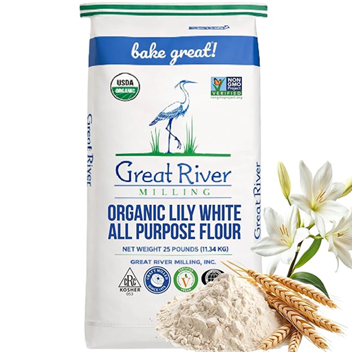 Bag of Great River Milling organic lily white all purpose flour with USDA and non GMO labels, plus lily flowers