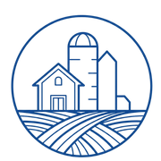 Blue line art of a house, barn, and silo with a striped road and arch outline on a dark background