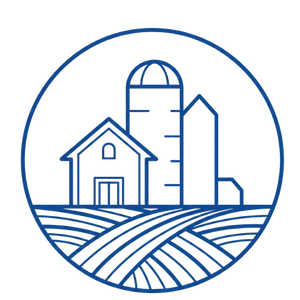 Blue line art of a house, barn, and silo with a striped road and arch outline on a dark background