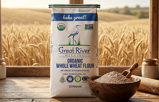 Bag of organic whole wheat flour with a green label, beside a wooden bowl of flour on a rustic table