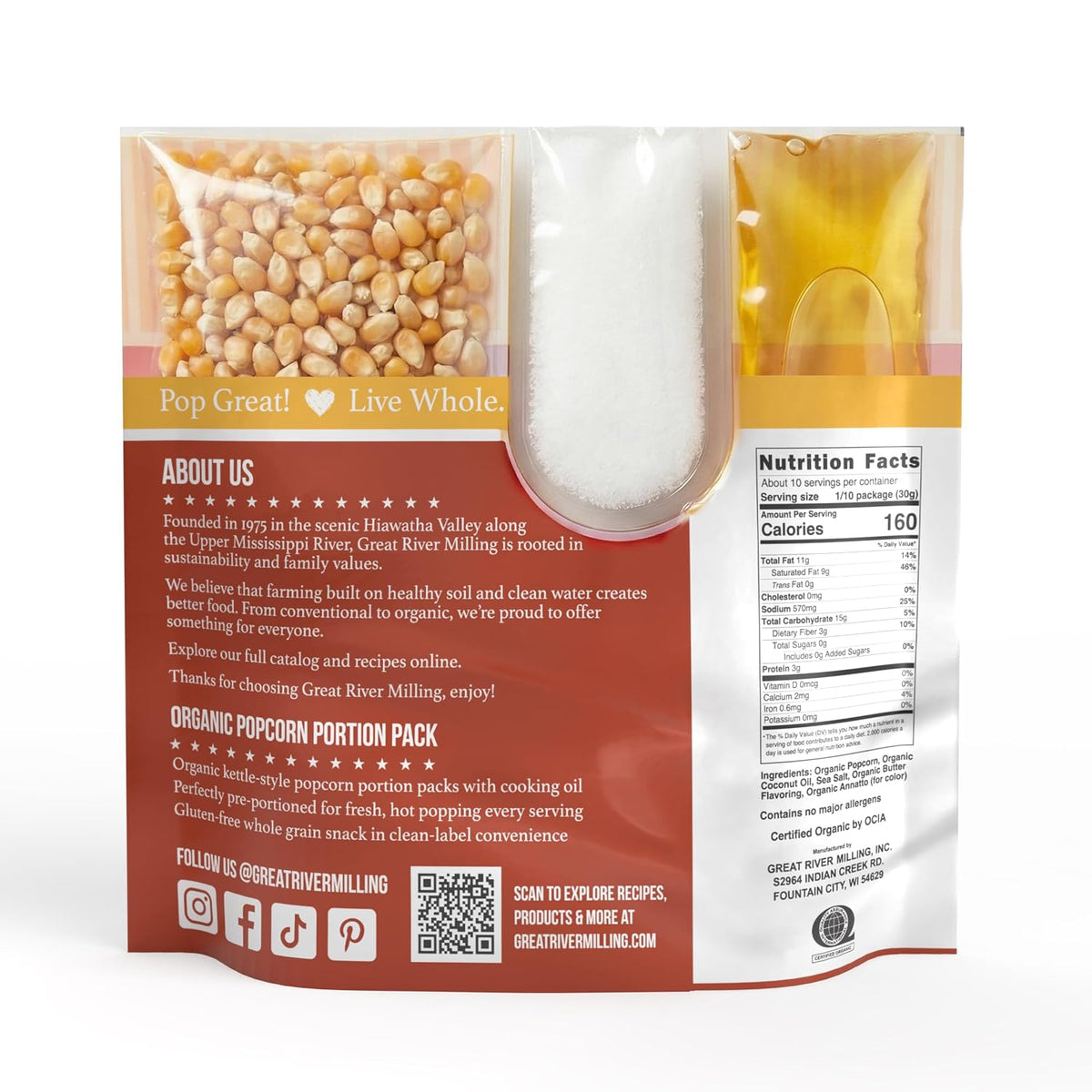 Nutrition Facts and ingredient information for Great River Milling Organic Popcorn Portion Pack — 8 oz Bags (24-Count)