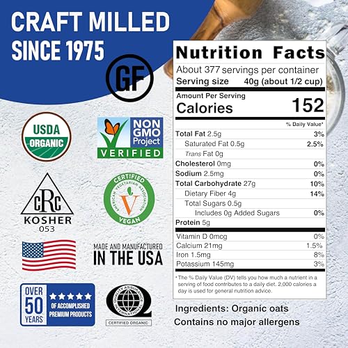 Organic Steel Cut Oats 25 lb Nutrition Facts: about 377 servings, 40 g serving, 152 calories