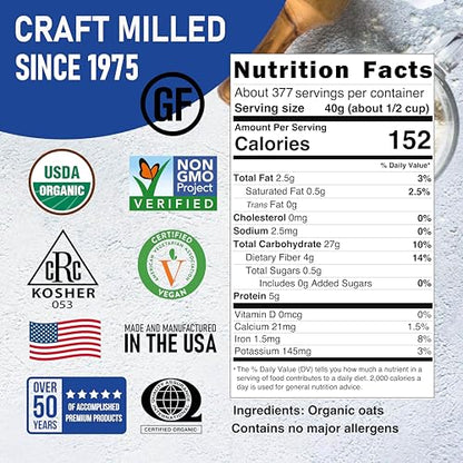 Organic Steel Cut Oats 25 lb Nutrition Facts: about 377 servings, 40 g serving, 152 calories