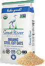 A bag of Great River Organic Millings organic steel cut oats is prominently displayed, featuring a colorful design with green.