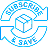 A blue circular graphic featuring the text SUBSCRIBE & SAVE along with an icon of a package in the center. The design emphasizes a subscription service, highlighting convenience and savings for customers.